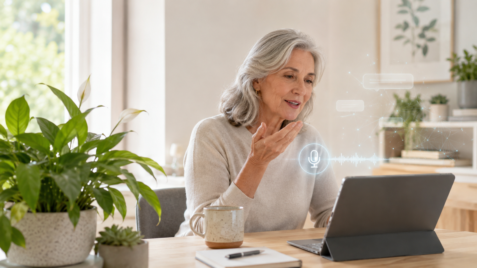 Older woman using voice dictation with AI on a laptop, with houseplants nearby