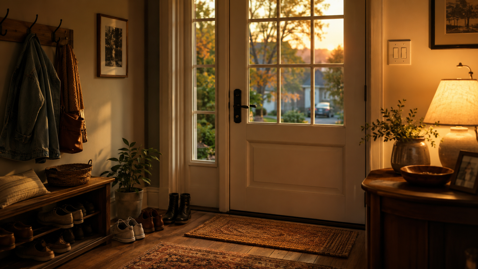 A warmly lit home entryway with shoes near the door and a light switch on the wall, suggesting the small everyday habits passed through family generations.