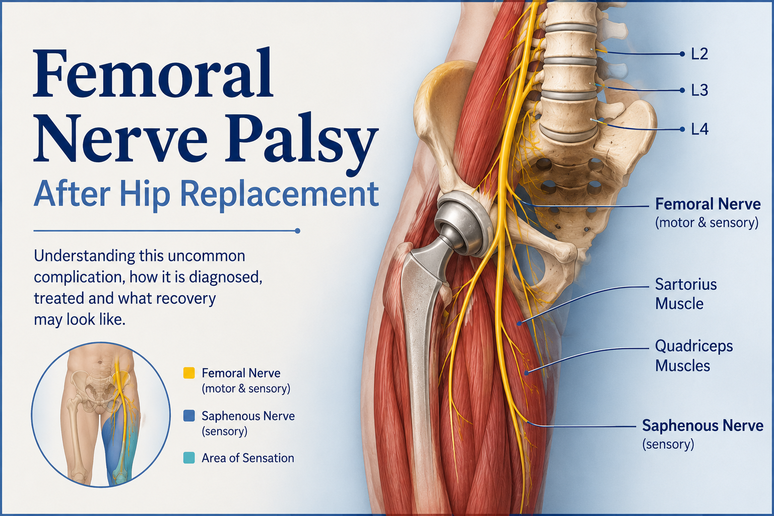 Medical illustration showing the femoral nerve from L2–L4 through the pelvis and thigh after hip replacement, including the quadriceps and saphenous nerve.