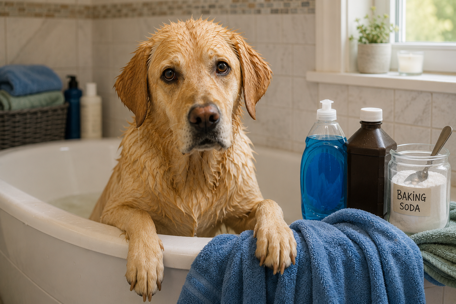 Wet yellow Labrador sitting in a bathtub beside blue dish soap, baking soda and hydrogen peroxide after a skunk encounter.