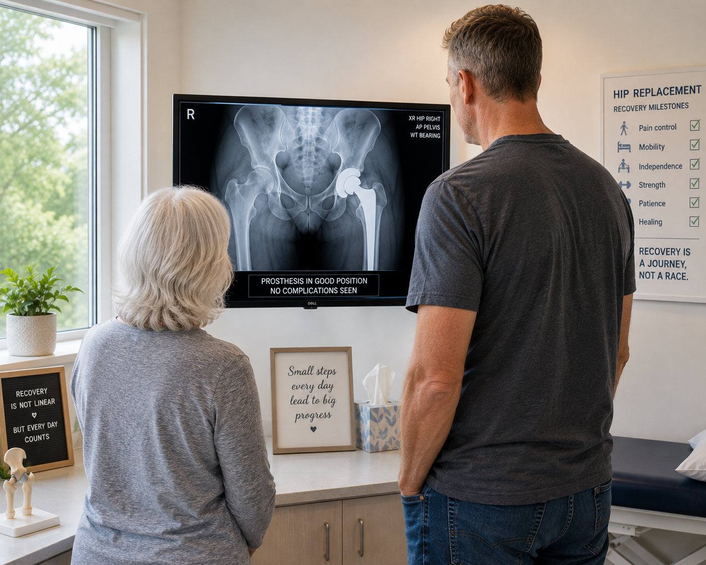 White-haired woman and tall man viewing a follow-up hip X-ray showing a well-positioned hip replacement implant.